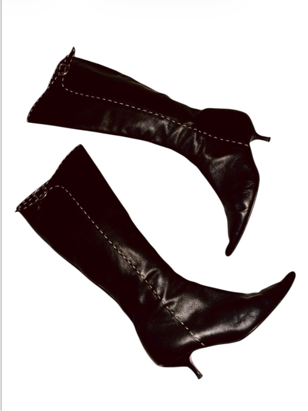 Barneys NY Women’s Vintage Knee-High Pointy Toe Kitten Heel Black Leather Boots